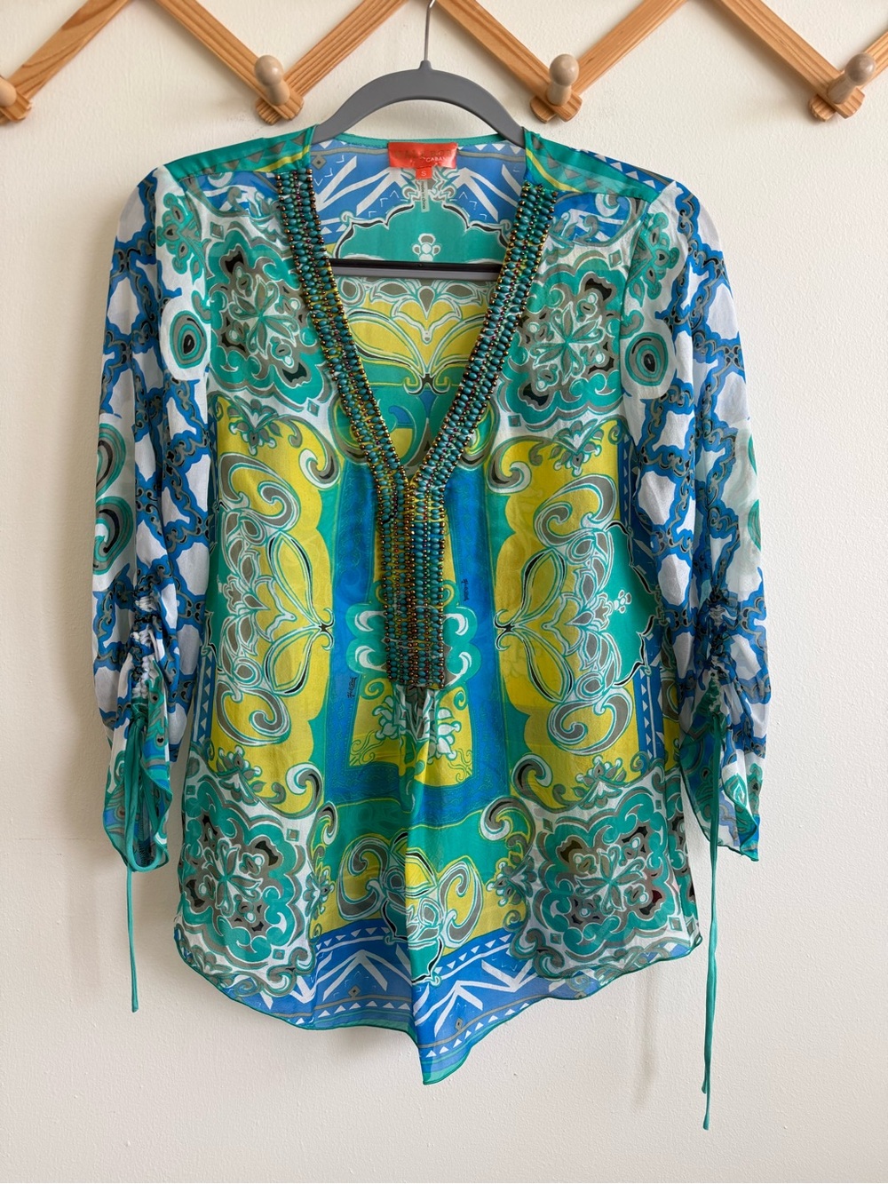 Hale Bob Cabana 100% Silk Beaded Neckline Top